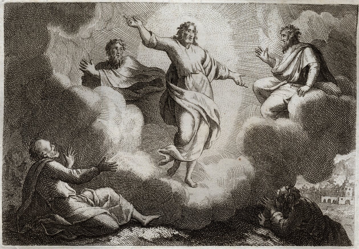 Royaumont Bibelen, Det nye testamente: Jesu Kristi forvandling. Kristus omgir Moses og Elia med under apostelen Johannes, Peter og Jakob. Illustrasjon fra 1811. av Unknown artist