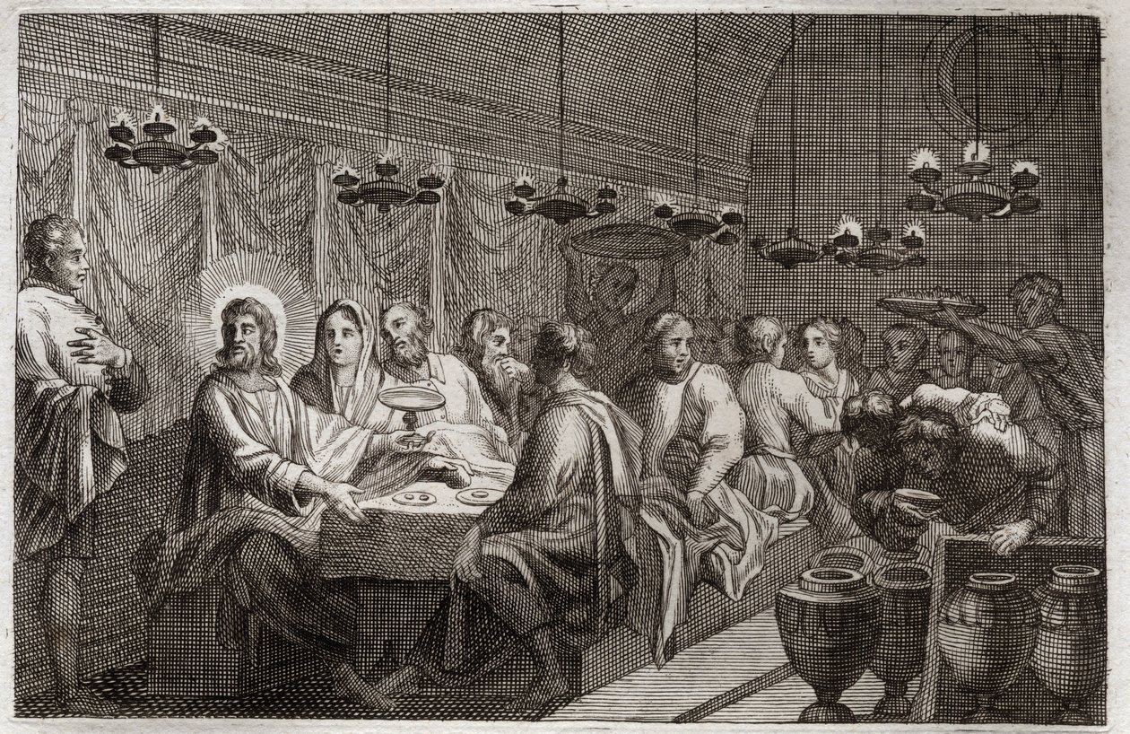Royaumont Bibelen, Det nye testamente: Bryllupet i Kana. Jesu Kristi første mirakel som forandret vann til vin. Illustrasjon fra 1811. av Unknown artist