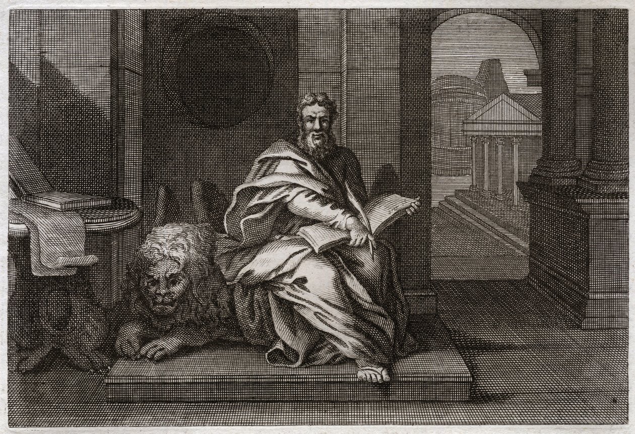 Royaumont Bible, New Testament: The evangelist Saint Mark with the lion. Illustration from 1811. av Unknown artist