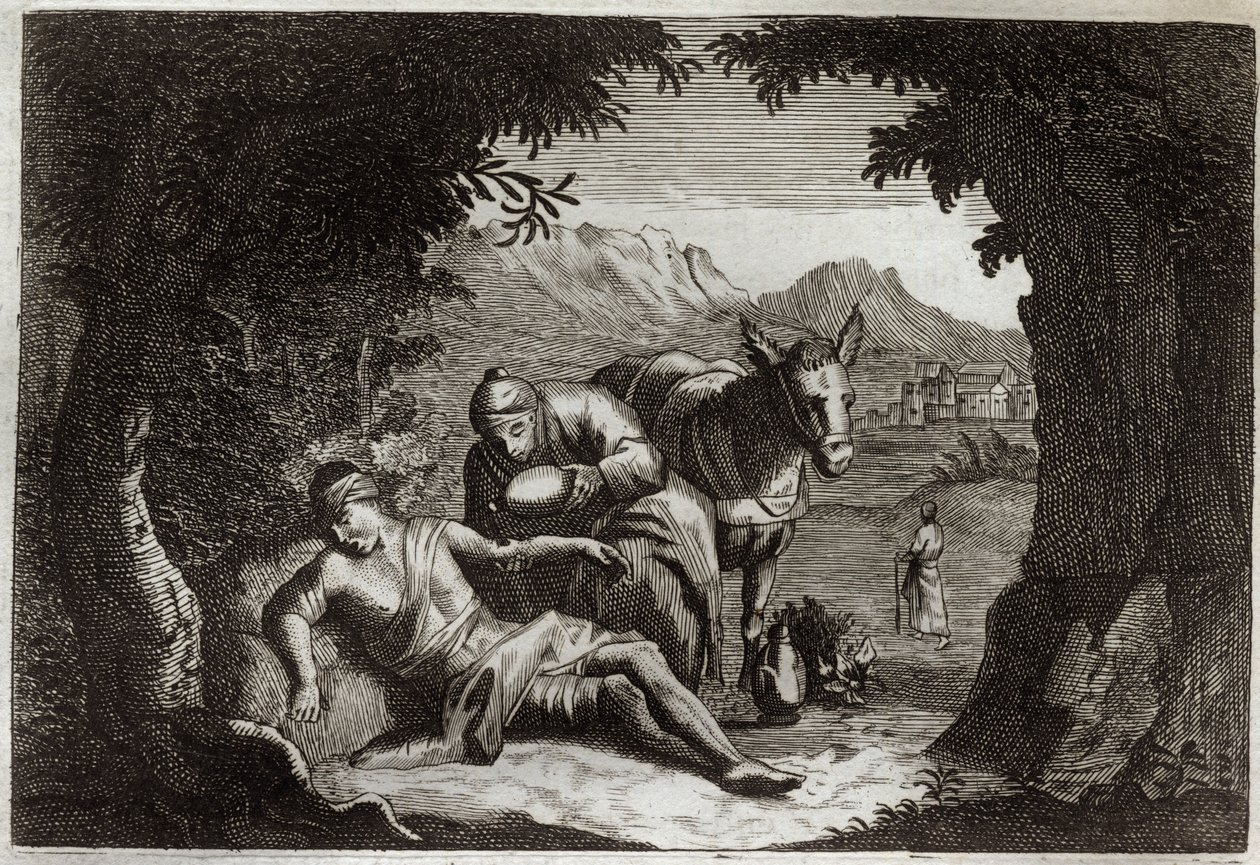 Royaumont Bibelen, Det nye testamente: Lignelsen om den barmhjertige samaritan. Samaritanen stoppet på vei for å redde mannen i nød. Illustrasjon fra 1811. av Unknown artist