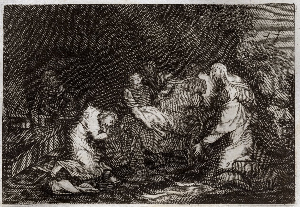 Royaumont Bible, New Testament: Tomb. Sepulchre of Jesus Christ. Among the characters surrounding the body of Jesus Christ: the Virgin Mary, Saint Nicodema, Saint Joseph of Arimathia, Saint John the Evangelist and Saint Mary Magdalene. Illustration from 18 av Unknown artist