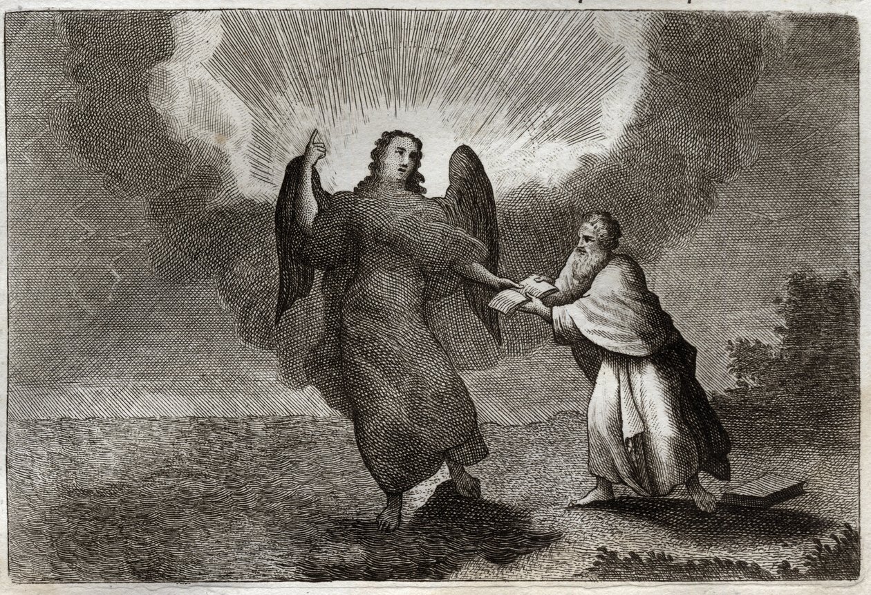 Royaumont Bible, New Testament: Vision of Saint John. Vision of the Angel with an Open Book gives Saint John to devour him. Illustration from 1811. av Unknown artist
