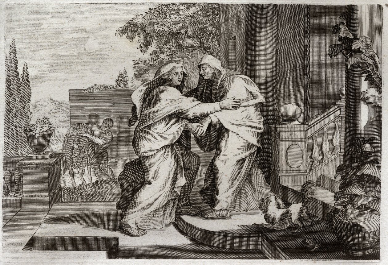 Royaumont Bible, New Testament: Visitation. The Blessed Virgin Mary will visit her cousin Elisabeth. Illustration from 1811. av Unknown artist