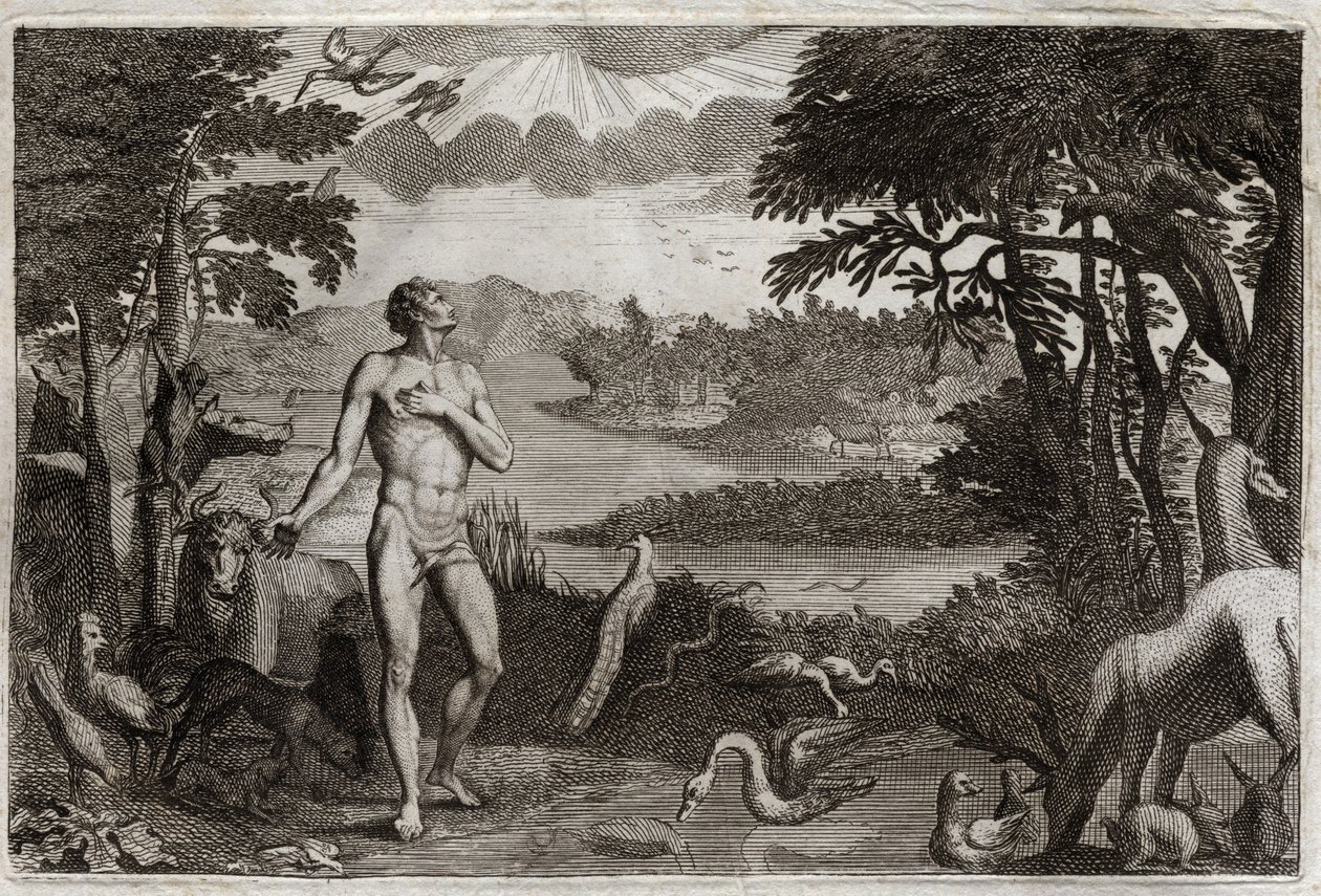 Royaumont Bible, Old Testament: Creation of Man and Woman. God who created man, puts him in the earthly Paradise, and forbid him to eat of the fruit of the tree of the knowledge of good and evil. Illustration from 1811. av Unknown artist