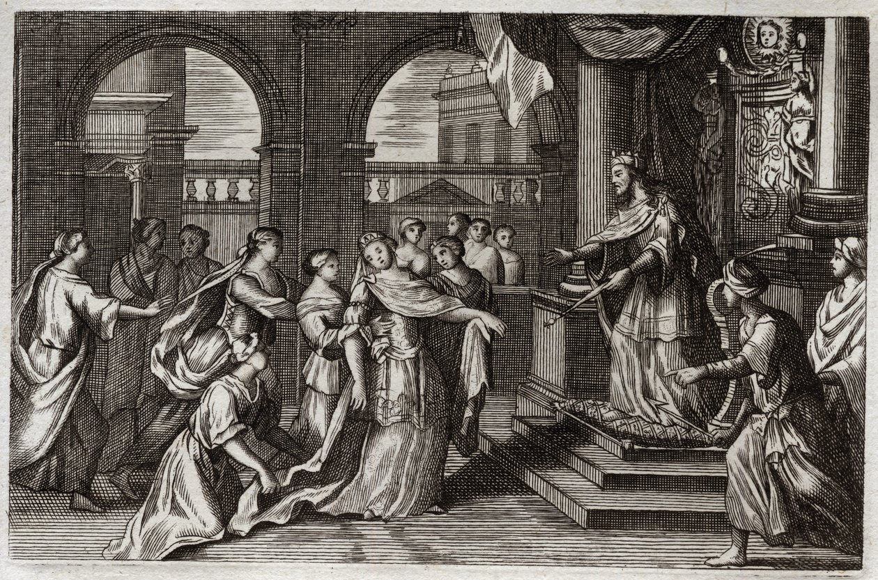 Royaumont Bibelen, Det gamle testamente: Ester vil presentere seg for kong Xerxes I (Assuerus I), med den hensikt å redde sitt folk fra døden som truet ham. Illustrasjon fra 1811. av Unknown artist