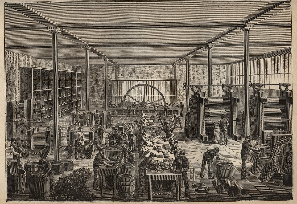 Gummi: gummifabrikk. Gravering fra 1885 i "" Les arts et metiers illustres"" av Adolphe BITARD. av Unknown artist