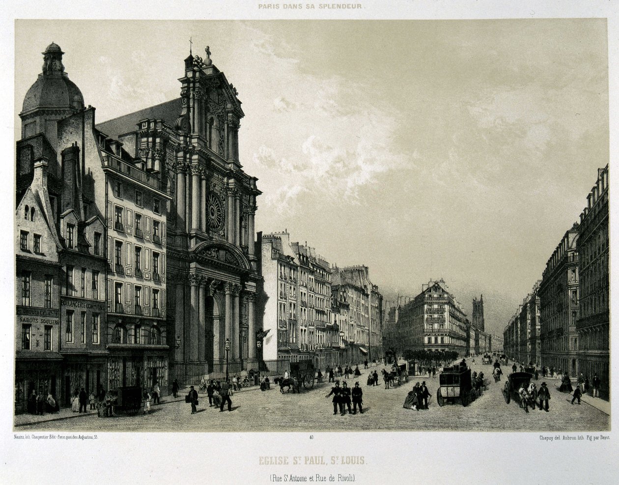 Rue Saint-Antoine og de Rivoli, kirkene Saint-Paul og Saint-Louis av Unknown artist