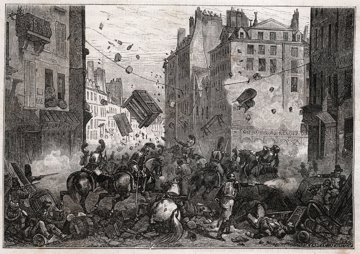 Rue Saint-Antoine under Trois-Glorieuses (juli 1830) - Revolusjon av 1830-barrikadekampene på Rue Saint-Antoine (Saint Antoine) i 1830 av Unknown artist