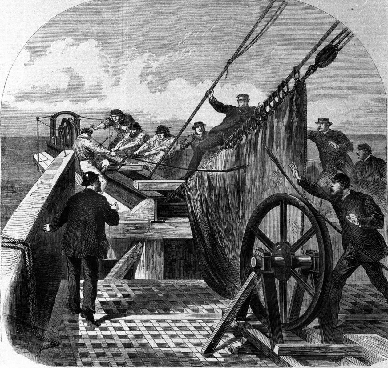 Brudd på den transatlantiske telegrafkabelen om bord på skipet Great Eastern ble til et transatlantisk telegrafkabellag mellom Europa og Amerika, da kabelen ble brutt i 1865 av Unknown artist