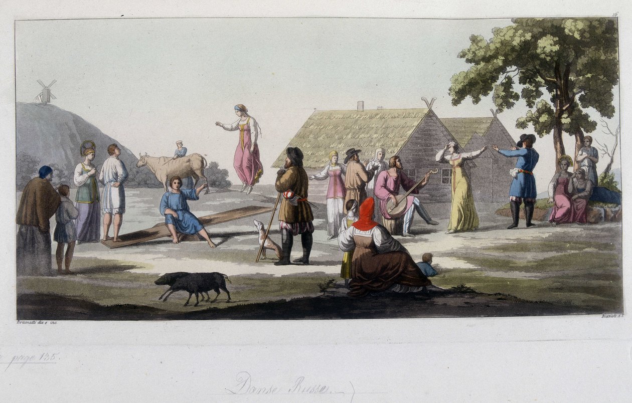 Russisk dans og lek. I "" Den gamle og moderne drakten"" 1819-1820, av Ferrario. av Unknown artist