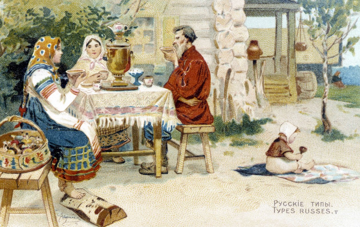 Russisk familie som drikker te rundt en samovar - chromo. av Unknown artist