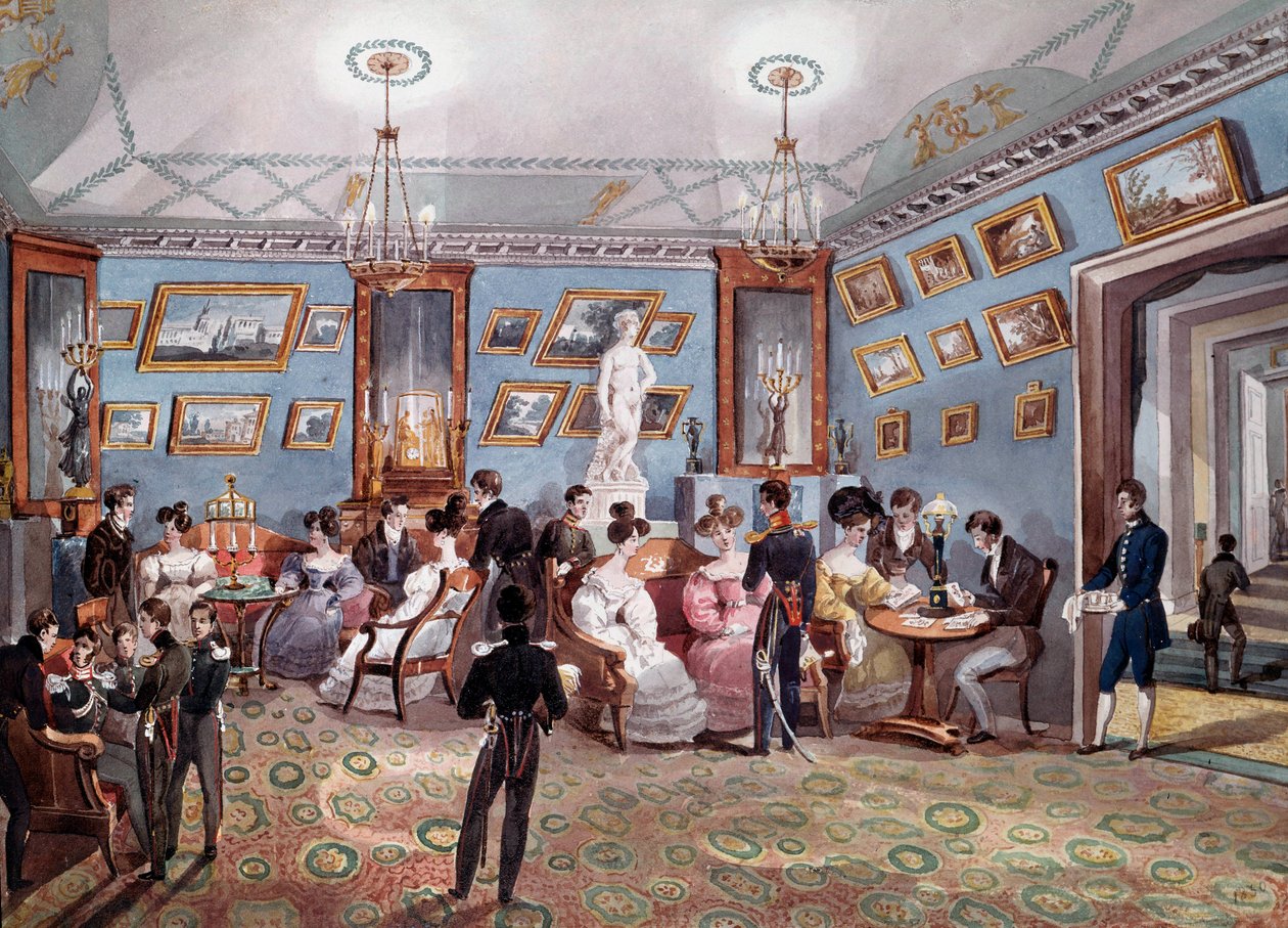 Russisk samfunn: en sosial messe i St. Petersburg. Litografi rundt 1830. Sankt Petersburg, Eremitagebiblioteket av Unknown artist