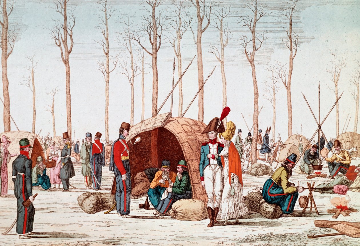 Russiske soldater bivuakk på Champs-Elysees, Paris, Frankrike, 31. mars 1814 (gravering) av Unknown artist