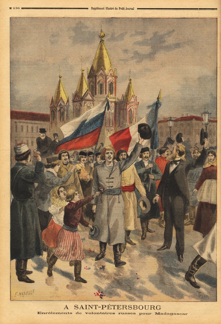 Russiske frivillige i St. Petersburg for den franske ekspedisjonen fra Madagaskar. Gravering i "" Le petit journal"" 28.04.1895. Selvas samling. av Unknown artist