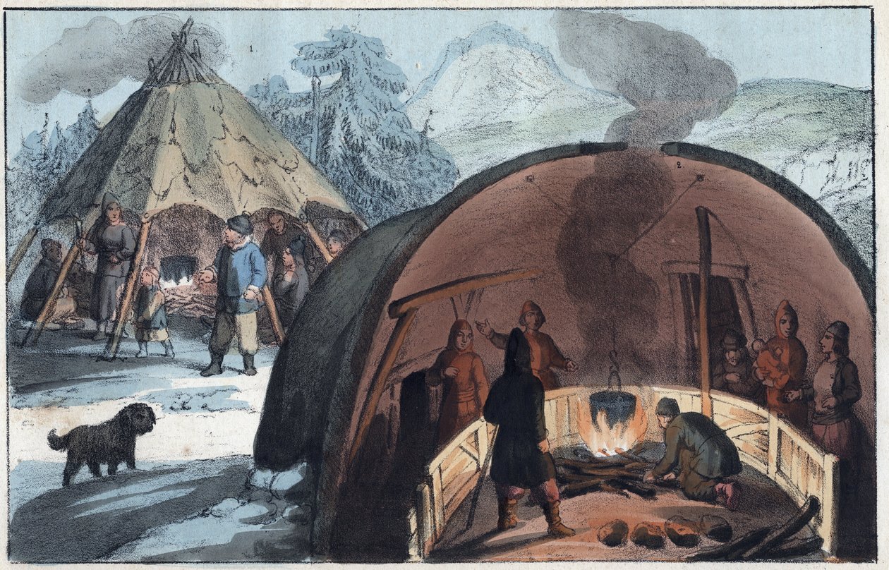 Samisk familie i et telt i Lappland - Interiør i en Lapplandshytte med en familie rundt bålet - gravering fra "" Skikker og tradisjoner til alle folkeslag i universet. Det er historien om regjeringen, lovene, militsen, om religionen til alle nasjoner fra av Unknown artist