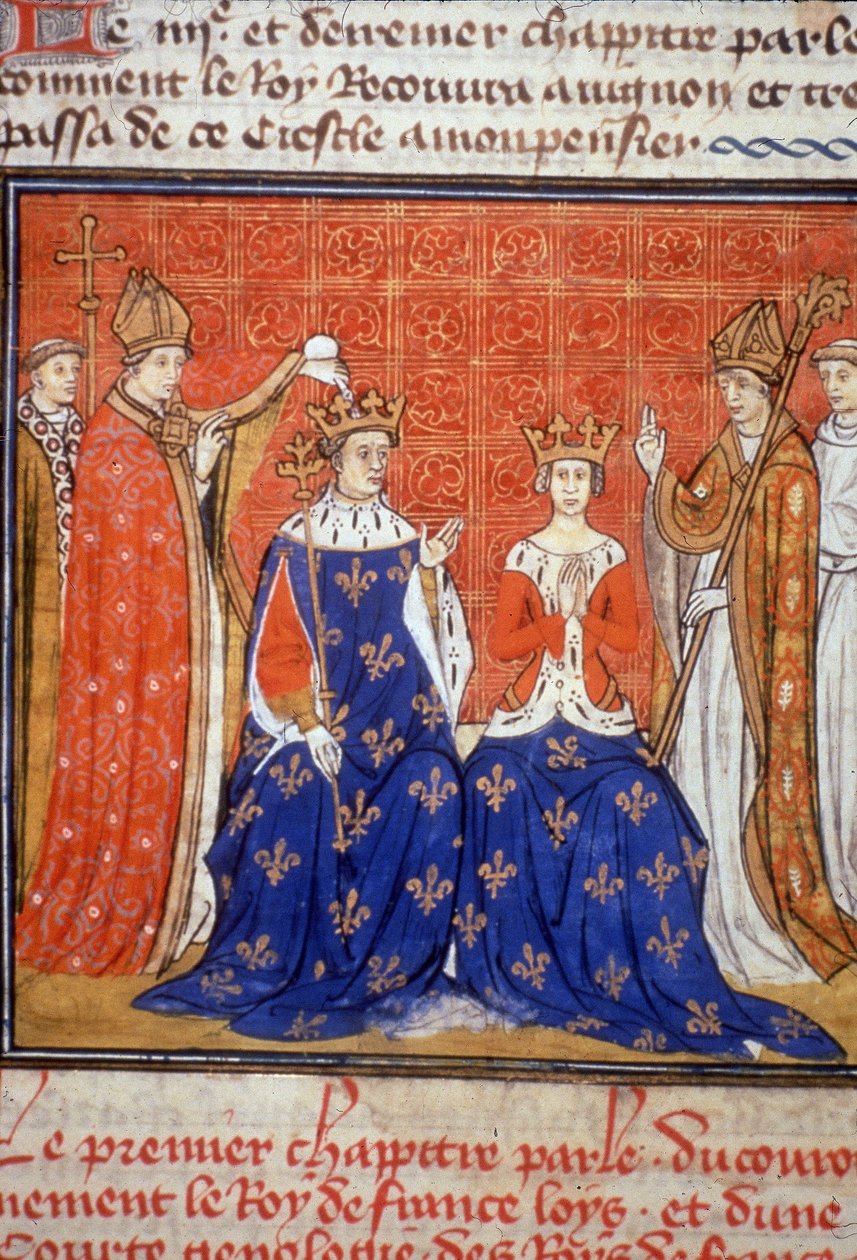 Sacre of Louis VIII og Blanche de Castile - Miniatyr av middelalderen (ref. 512, 345v) Forespørsel om tillatelse til kommunalbiblioteket i Toulouse (tlf: 05 62 27 66 66) av Unknown artist