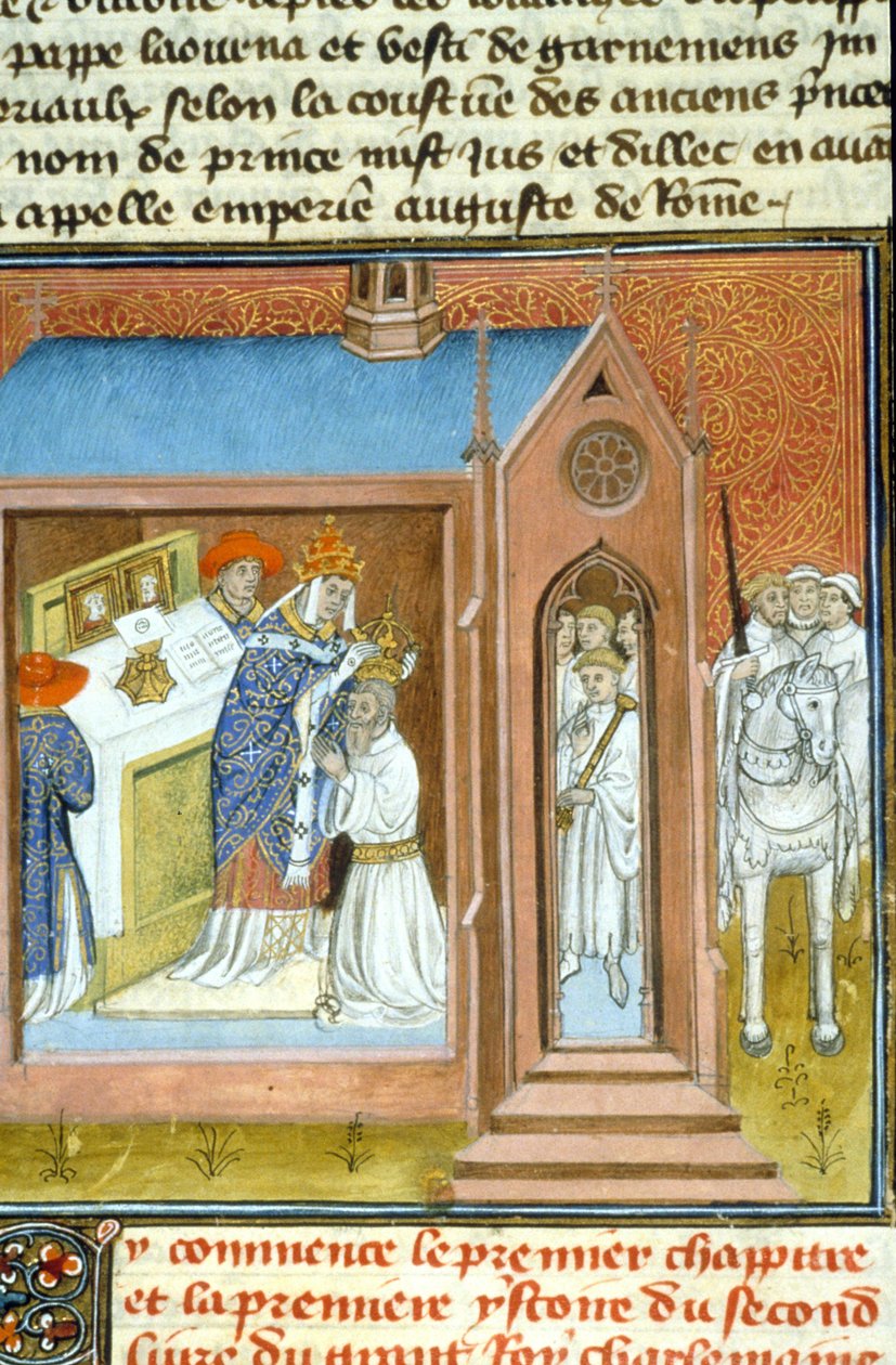 Hellig (kroning) av Karl den Store (742 - 814) i 800 av pave Leo III. - Belysning av manuskript fra middelalderen (ref. 512, 089v) Be om tillatelse fra kommunebiblioteket i Toulouse (tlf: 05 62 27 66 66) av Unknown artist