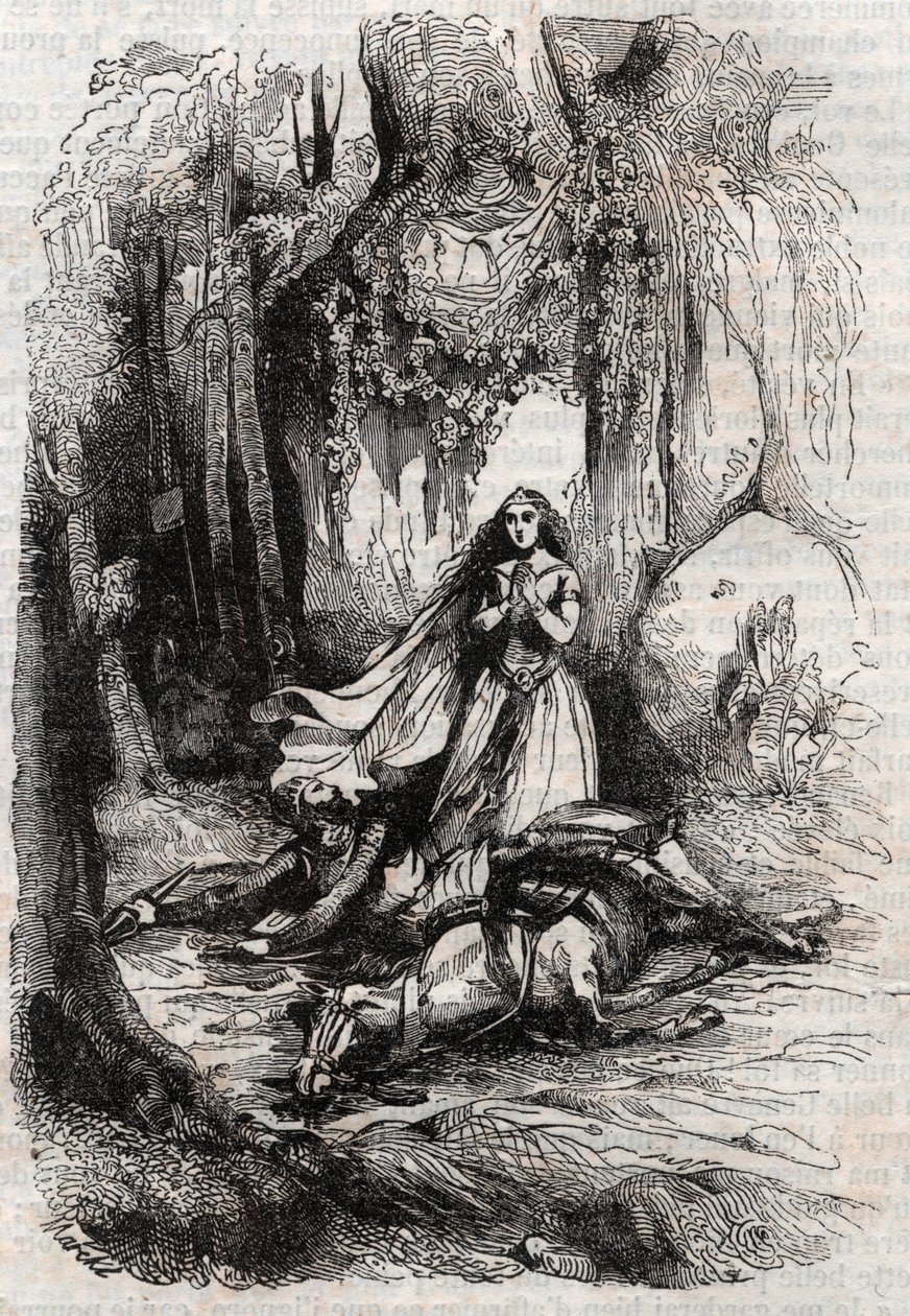 Sacripant (Sacrificer) desarconne i nærvær av Angelica (Angelica) - gravering av 1851 fra "" Roland furieux"" (1500-tallet) av Ludovico Ariosto, kjent som Ariosta - Utgave oversatt fra italiensk av greven av Tressan og p. av Unknown artist
