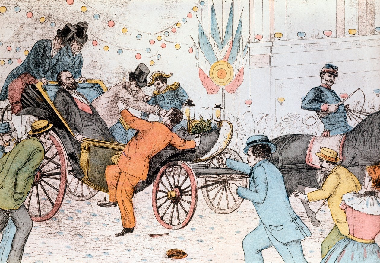 Sadi Carnot myrdet av Sante Jeronimo Caserio, en italiensk anarkist, 25. juni 1894 (gravering) av Unknown artist
