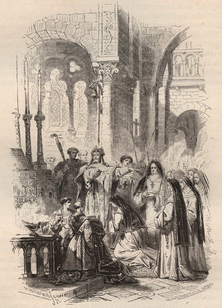 Seiling av Saint Cunegonde av Luxembourg (ca. 975-1033/1039) i 1024, overlevert av festen til Paderborn Meinwerk (ca. 975-1036) i benediktinerklosteret Kaufungen i Tyskland. Gravering fra 1868 i "Histoire de Belgique fra primitiv tid til av Unknown artist
