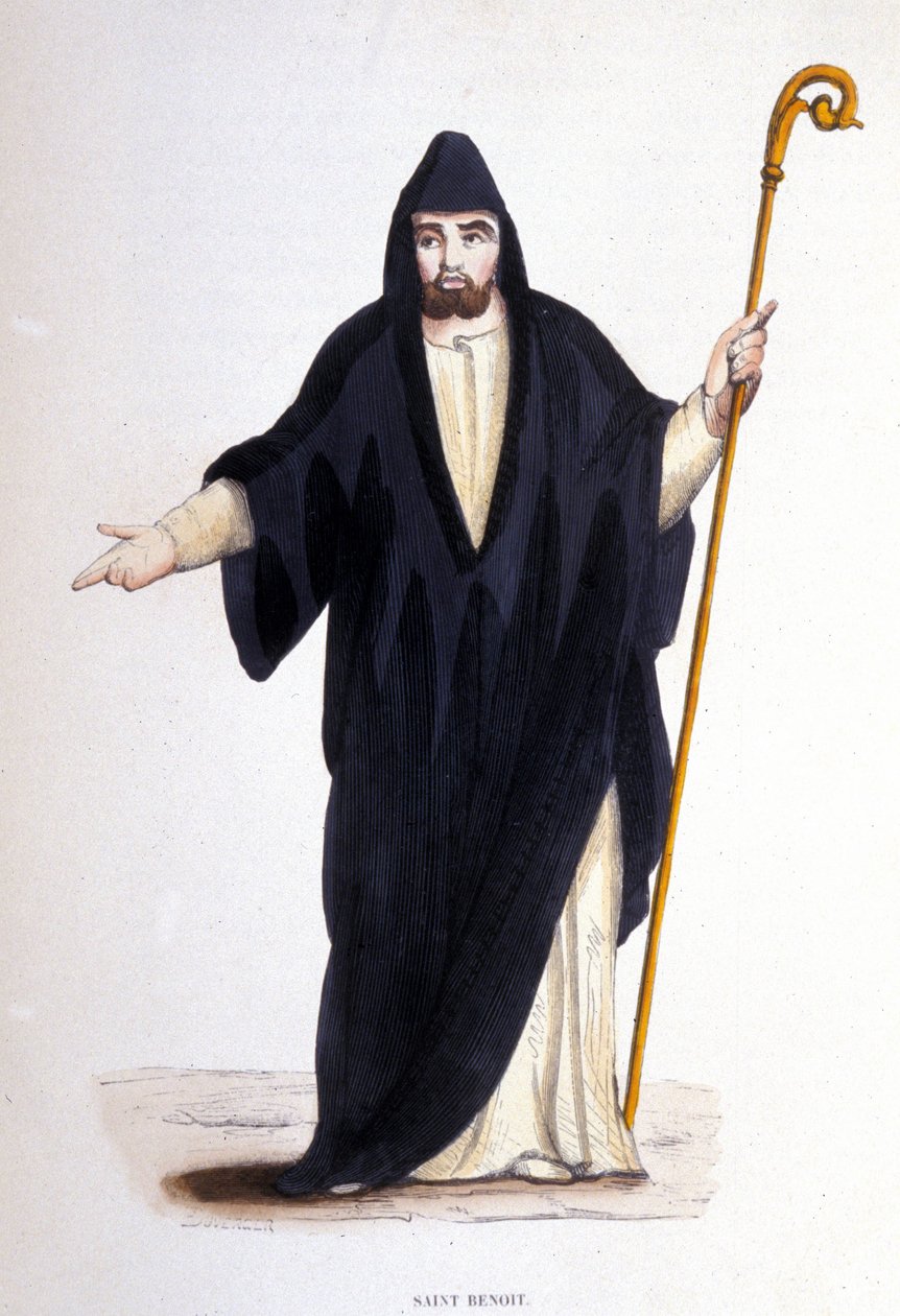 Den hellige Benedikt av Nursia (født i Murcia (Murcia) i Umbria rundt 480 - 527). Gravering fra et album på religiøse ordre, Paris av Unknown artist