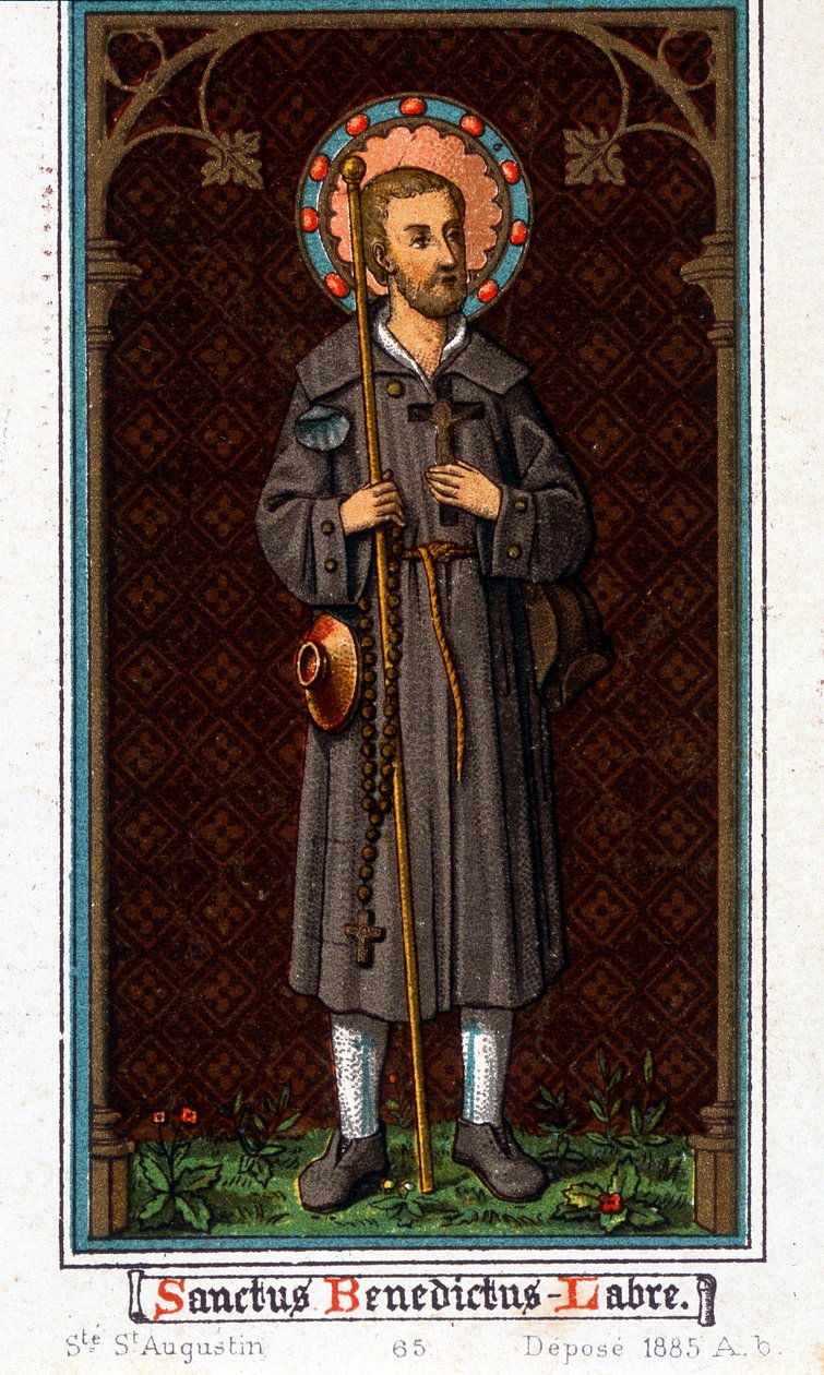 Den hellige Benedikt av Nursia (født i Murcia (Murcia) i Umbria rundt 480 - 527) som pilegrim. Kromolitografi fra 1885. av Unknown artist