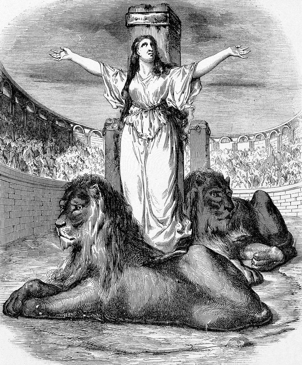 Saint Blandine, ung kristen slave, martyrdøden i løveringen i Lyon i 177, gravering av Unknown artist