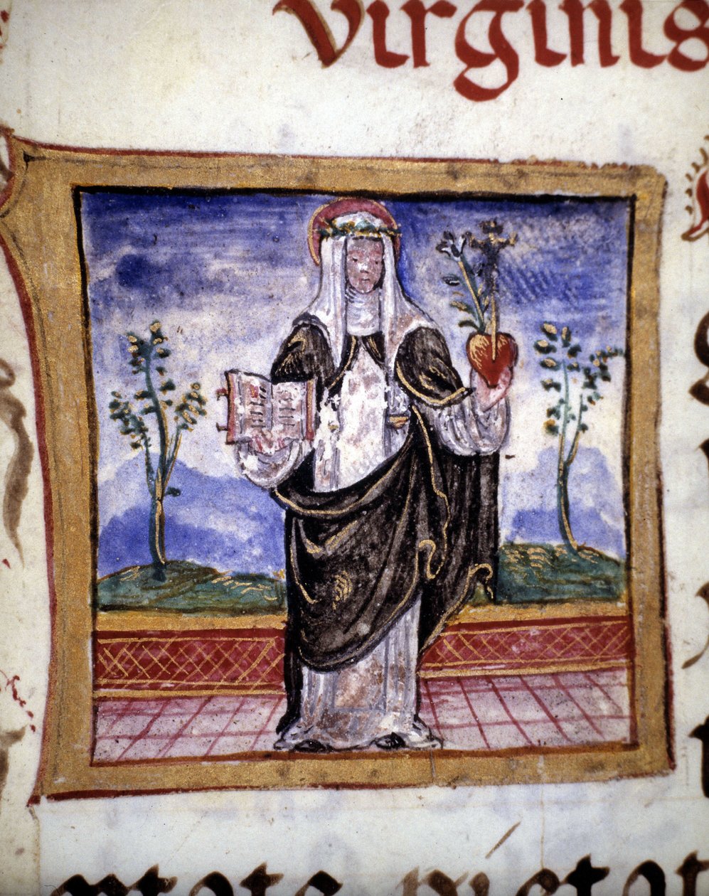 Saint Catherine of Siena (1347 - 1380) holder en bok og et hjerte, miniatyr fra 1400-tallet. av Unknown artist