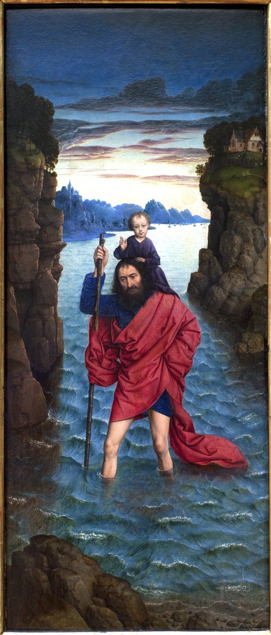 Den hellige Christopher. Anonym maleri, olje på tre, primitivt av Unknown artist