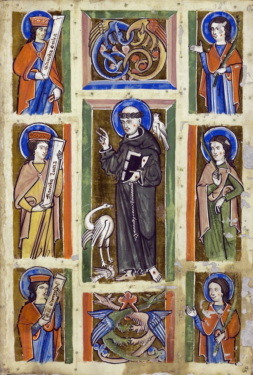 Den hellige Frans forkynner for fuglene, anonym. Akvarell på pergament, ca 1230-1240, Badische Landesbibliothek av Unknown artist