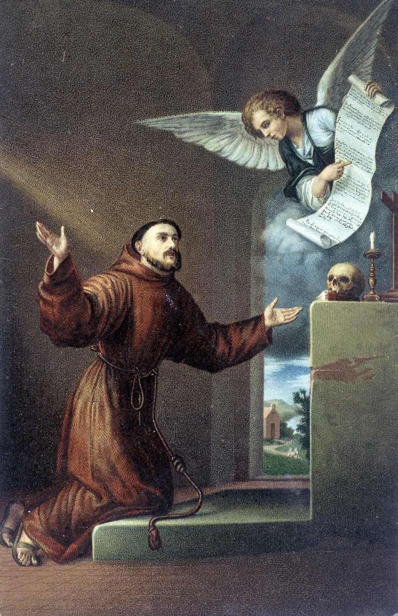 Den hellige Frans av Assisi (1181 eller 1182 - 1226) foran en engel. 1800-talls kromolitografi. av Unknown artist