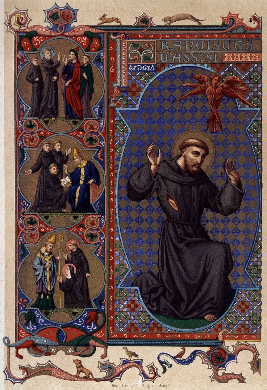 Saint Francis of Assisi and the appearance of stigmas (1224), chromolithography 19th century av Unknown artist