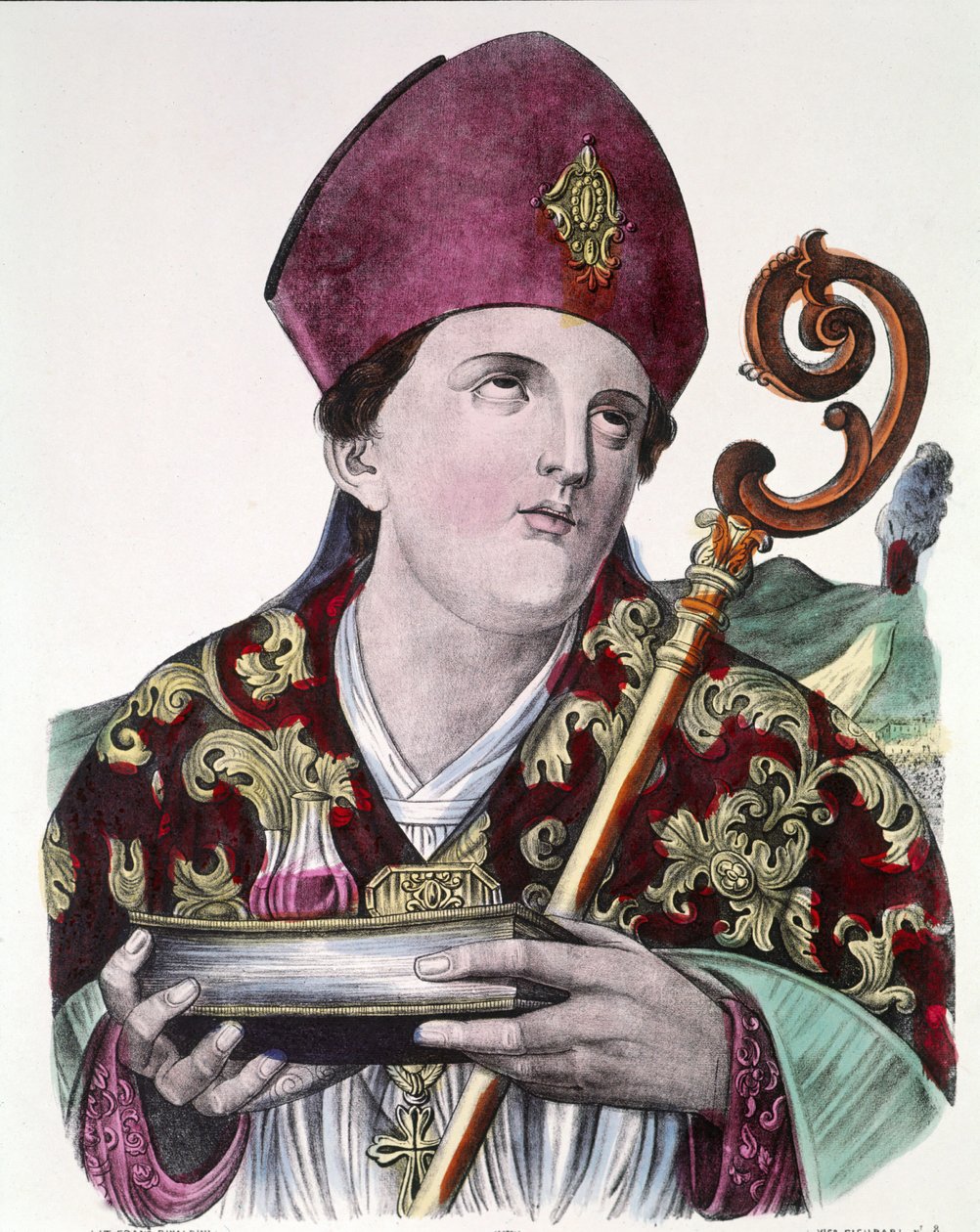 Saint Gennaro eller Saint Janvier, skytshelgen for byen Napoli, holder i hendene ampullen som inneholder blodet hans. Farget populært trykk fra 1800-tallet. av Unknown artist