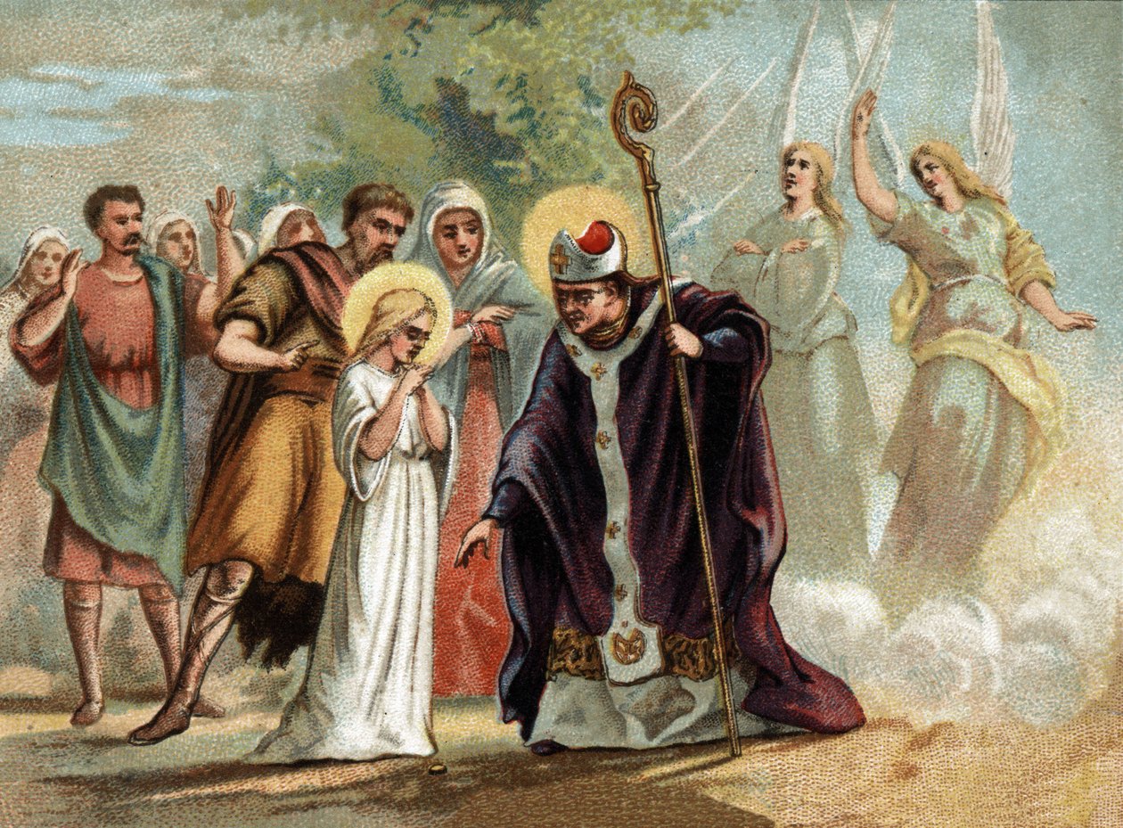 Saint Germain ga en medalje til Sainte Genevieve (422-502), skytshelgen for Paris. kromolitografi rundt 1890. av Unknown artist