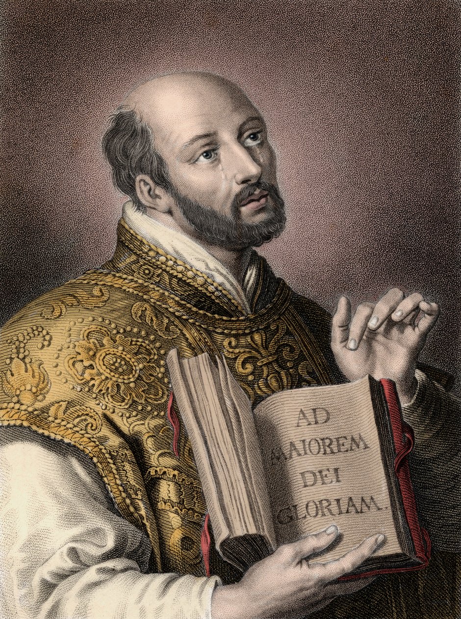 Portrett av den hellige Ignatius av Loyola (1491-1556), spansk teolog, med en bok med det latinske mottoet til Jesu samfunn "" Ad maiorem Dei gloriam""" (For Guds større ære) Ignatius eller Saint Ignatius av Unknown artist