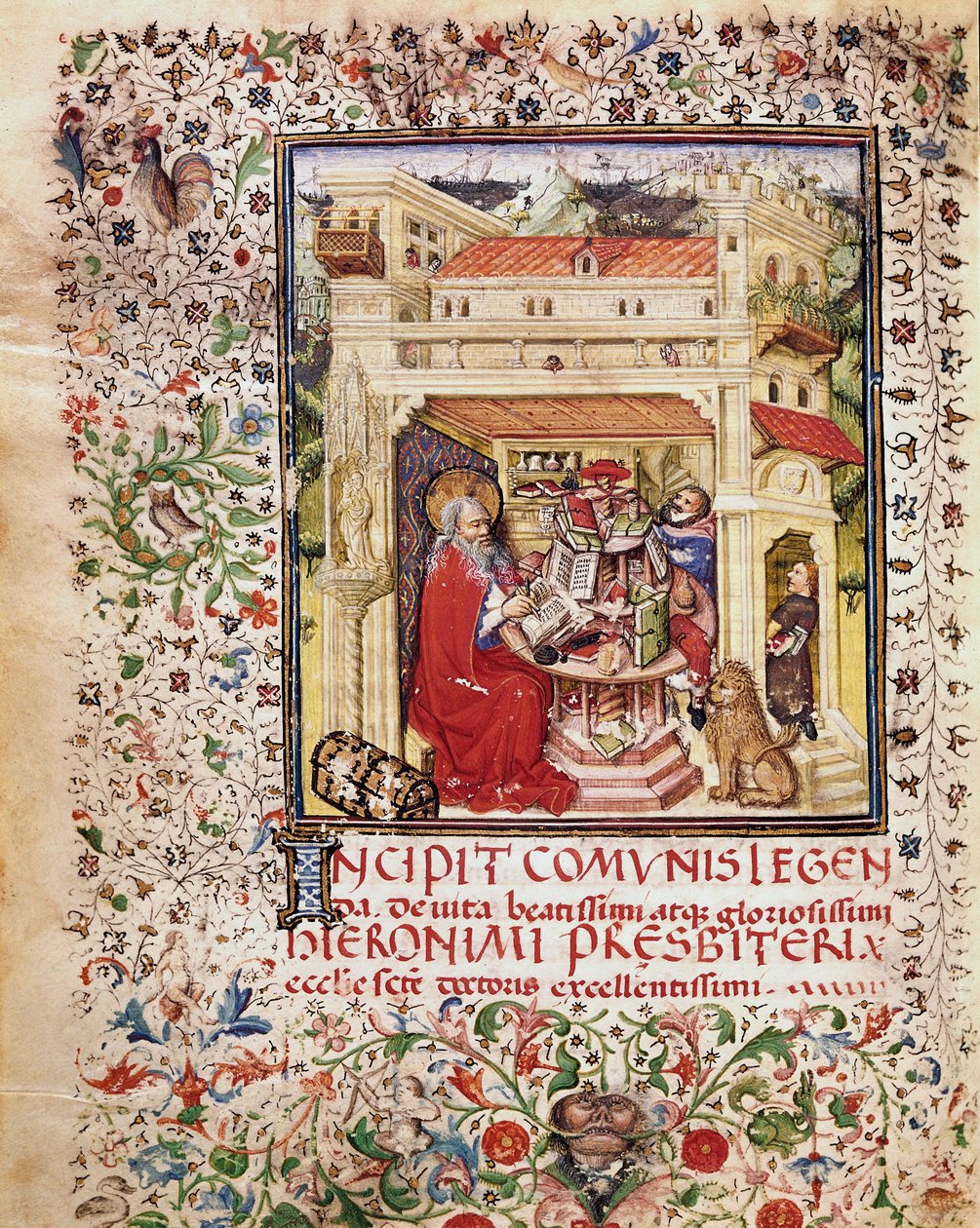 Den hellige Hieronymus i sin studie Side hentet fra manuskriptet "Opuscola spirituala et moralia" fra 1400-tallets Roma, Biblioteca Vallicelliana av Unknown artist