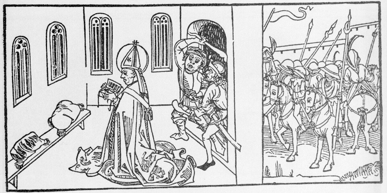 Saint Lambert. Gravering fra "Lives of the Saints - Summer part" (The Book of the Saint) av Jacobus (James) av Voragine (1228-1298). Lübeck 1488. av Unknown artist