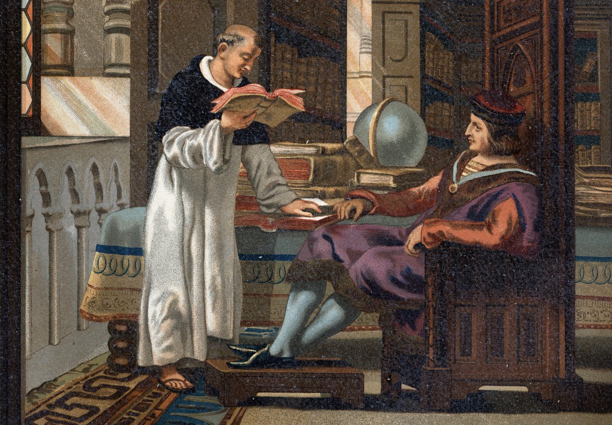 Saint Louis (1214-1270), King of France, and his councillor Saint Vincent de Beauvais (v.1190-1264), after “La Ciencia y sus Hombres par Louis Figuier”. Barcelona 1881 av Unknown artist
