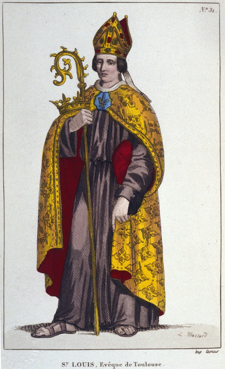 Saint Louis av Toulouse eller Saint Louis av Anjou. Lille nevø av Saint Louis (1274 til 1297), biskop av Toulouse. gravering fra 1830 av Unknown artist