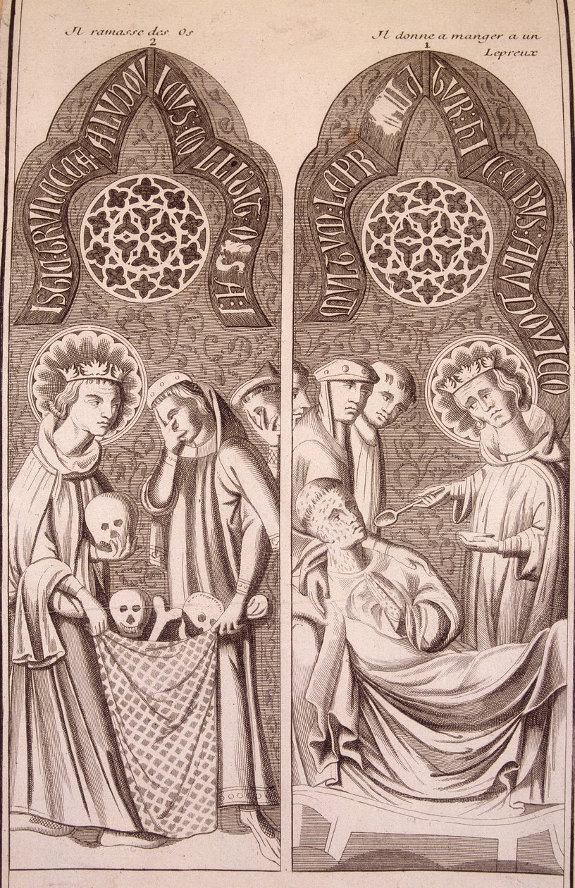 Saint Louis plukker opp bein og gir spedalske mat av Unknown artist