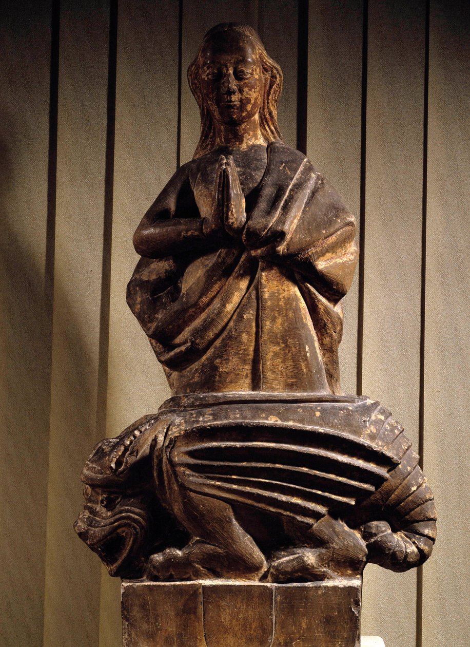 Saint Margarita seirende av demonen Skulptur på stein fra 1400-tallet. Compiegne Musee Vivenel av Unknown artist