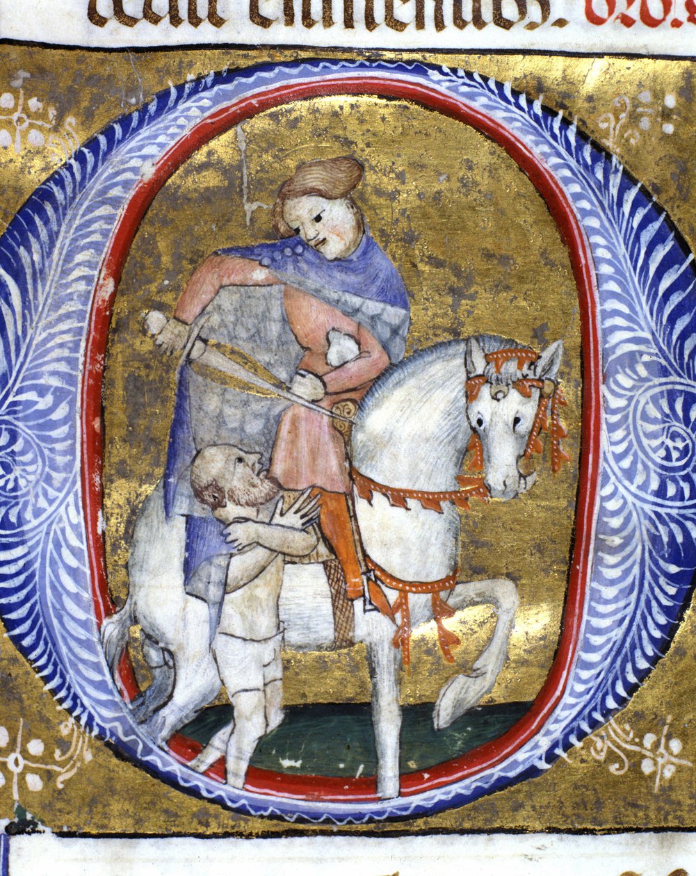 Saint Martin deler frakken sin med en dårlig miniatyr fra 1300-tallet. Biblioteca Nazionale Braidense, Milano. av Unknown artist