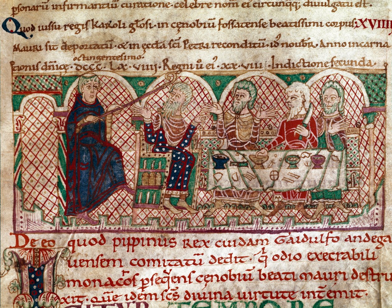 Saint Maur (512-584) grunnlegger av klosteret Flanfeuil (Saint Maur) i Anjou blir mottatt ved bordet til Gaidulfe av Ravenna, forfølger av munkene og straffer ham Miniature from Life and Miracles of Saint Maur” (ms 2273) 1100-1140 Kommunebibliotek av Unknown artist