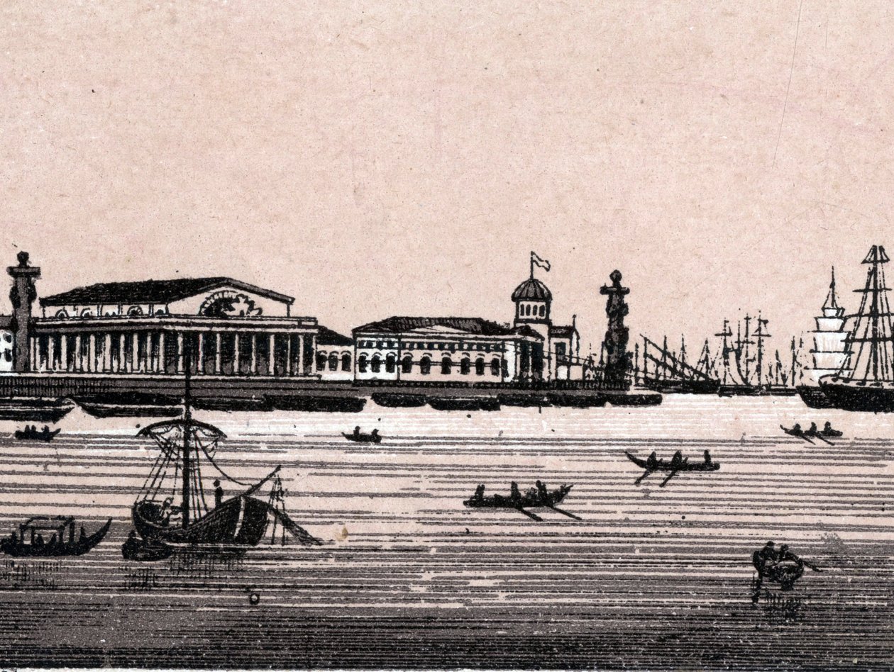 St. Petersburg, Russland: utsikt over elven Neva og utveksling i St. Petersburg. i "" Verden illustrerer 168 visninger"" Udatert (slutten av 1800-tallet) av Unknown artist