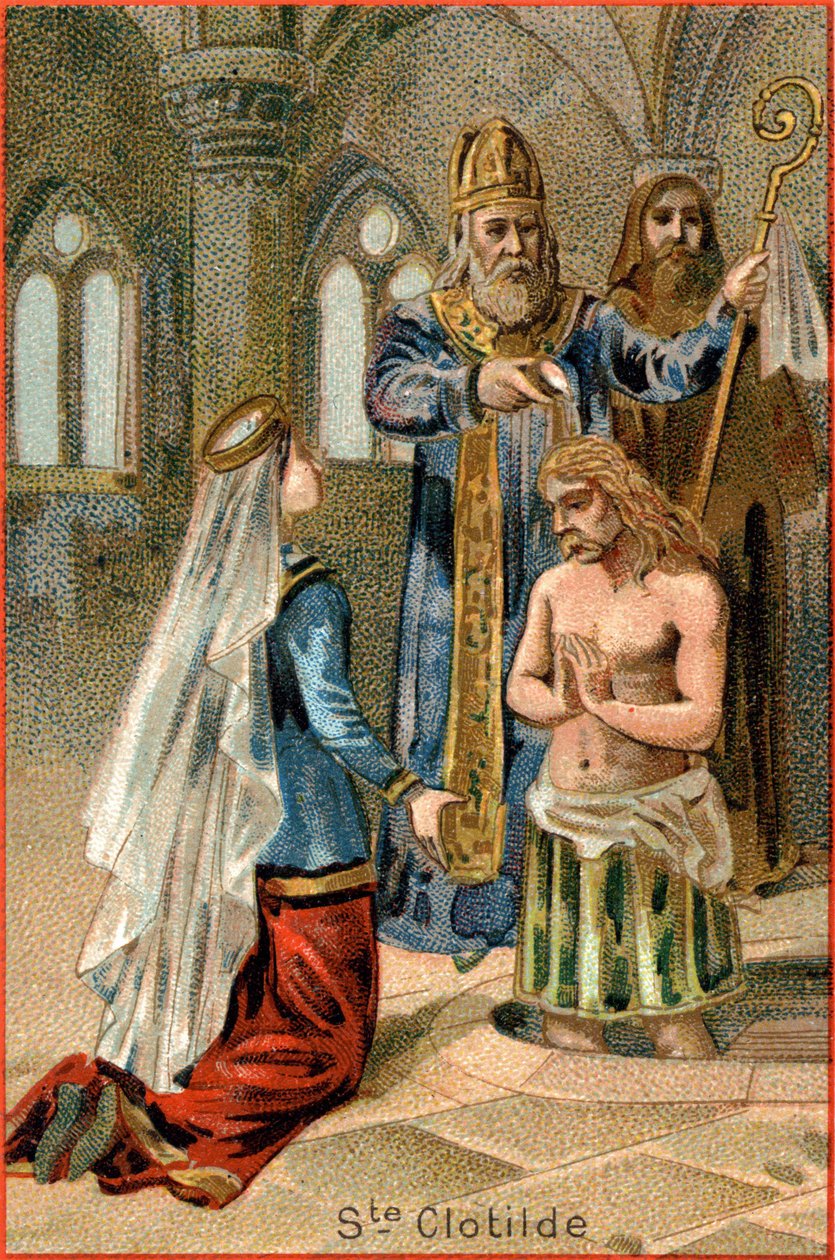 Saint Remi, eveque of Reims, døper Clovis I (465-511), kongen av frankene, 25. desember 496. Til venstre, Saint Clotilde. av Unknown artist