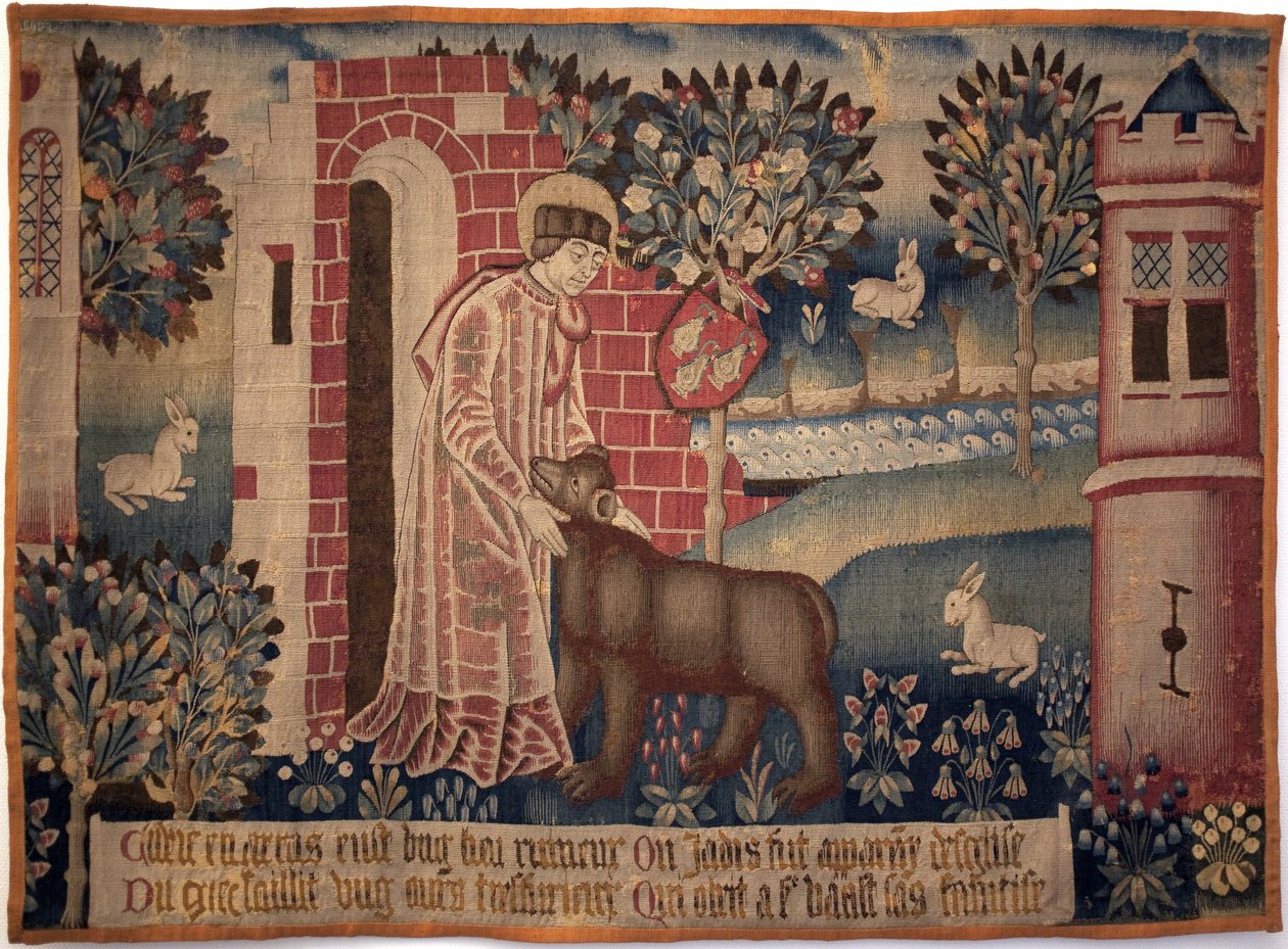 Den hellige Vaast og bjørnen. Saint Vaast, Saint Vedast eller Saint Gaston (døde i 540, eveque og skytshelgen for Arras og bispedømmet hans) temmer dyret på bredden av elven Crinchon. Tapet, andre halvdel av 1400-tallet. Museum of Fine Arts i Arras av Unknown artist