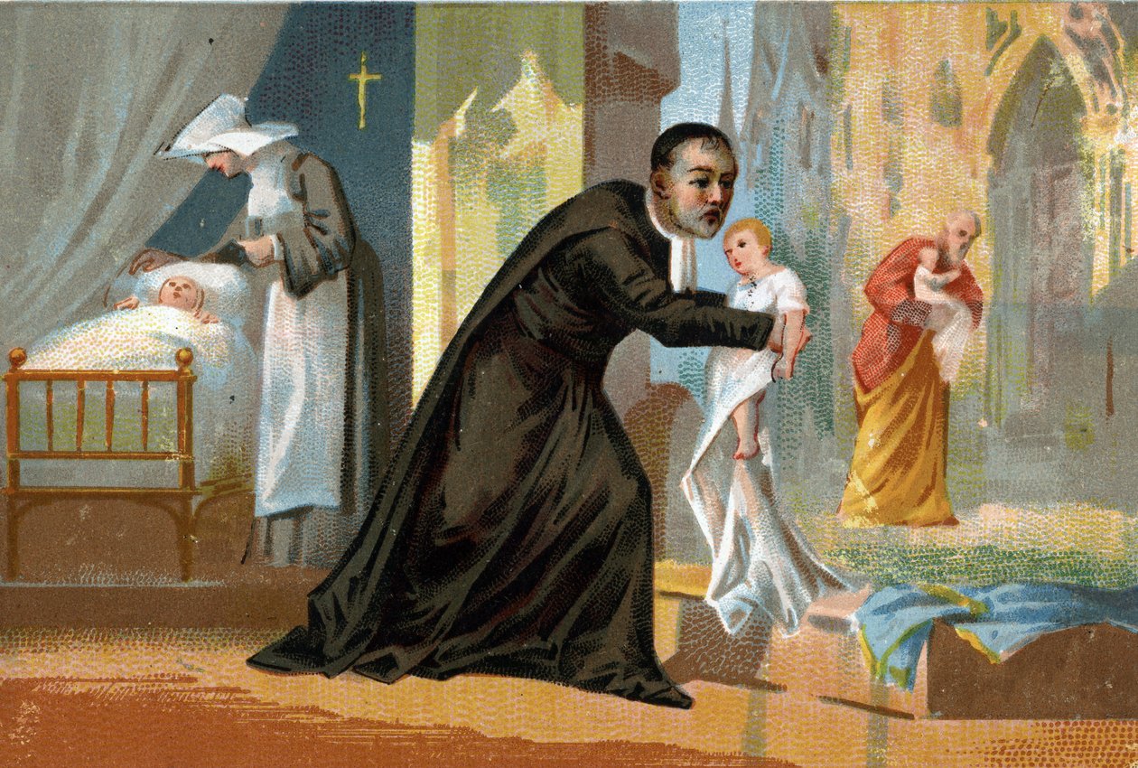 Saint Vincent de Paul (1576-1660), kjent for sin veldedighet, skaper av sykehuset for finne barn. Kromolitografi fra 1800-tallet. av Unknown artist