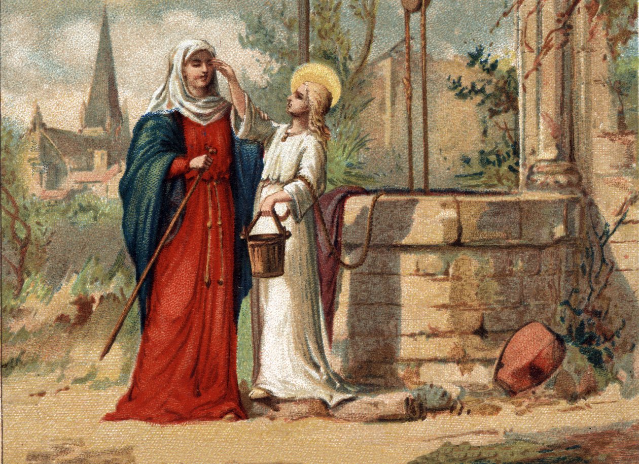 Sainte Genevieve (422-502), patron saint of Paris gives sight to her sea. Chromolithography around 1890. av Unknown artist