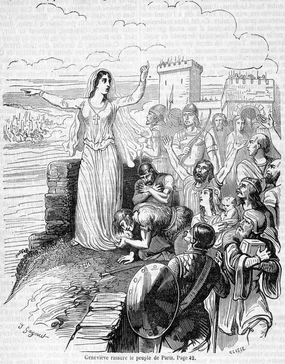 Sainte Geneviève, organiserer forsvaret av Paris mot hordene av Attila og beroliger folket i Paris - i "Histoire de France"" av Anquetil av Unknown artist