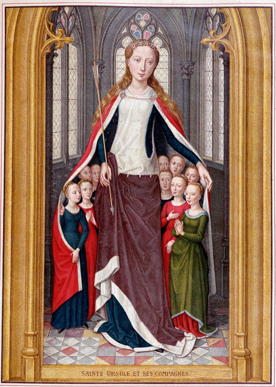 Sainte Ursula huser følgesvennene sine under pelsen, etter jakten på Saint Ursula, Brugge, Memling av Unknown artist
